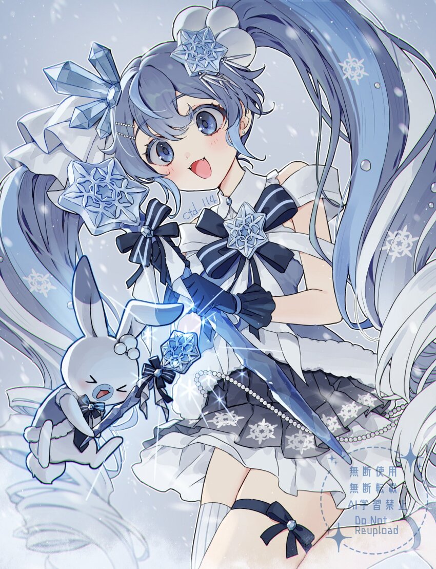 1girl :d black_bow black_gloves black_shoes blue_dress blue_eyes blue_hair blush bow commentary_request cowboy_shot ctd_114 dress fangs foot_up gloves hatsune_miku highres holding holding_staff long_hair multicolored_hair open_mouth pleated_dress rabbit rabbit_yukine shoes single_thighhigh sleeveless sleeveless_dress smile snowflakes solo staff thighhighs twintails two-tone_hair vocaloid watermark white_hair white_thighhighs winter yuki_miku yuki_miku_(2025)