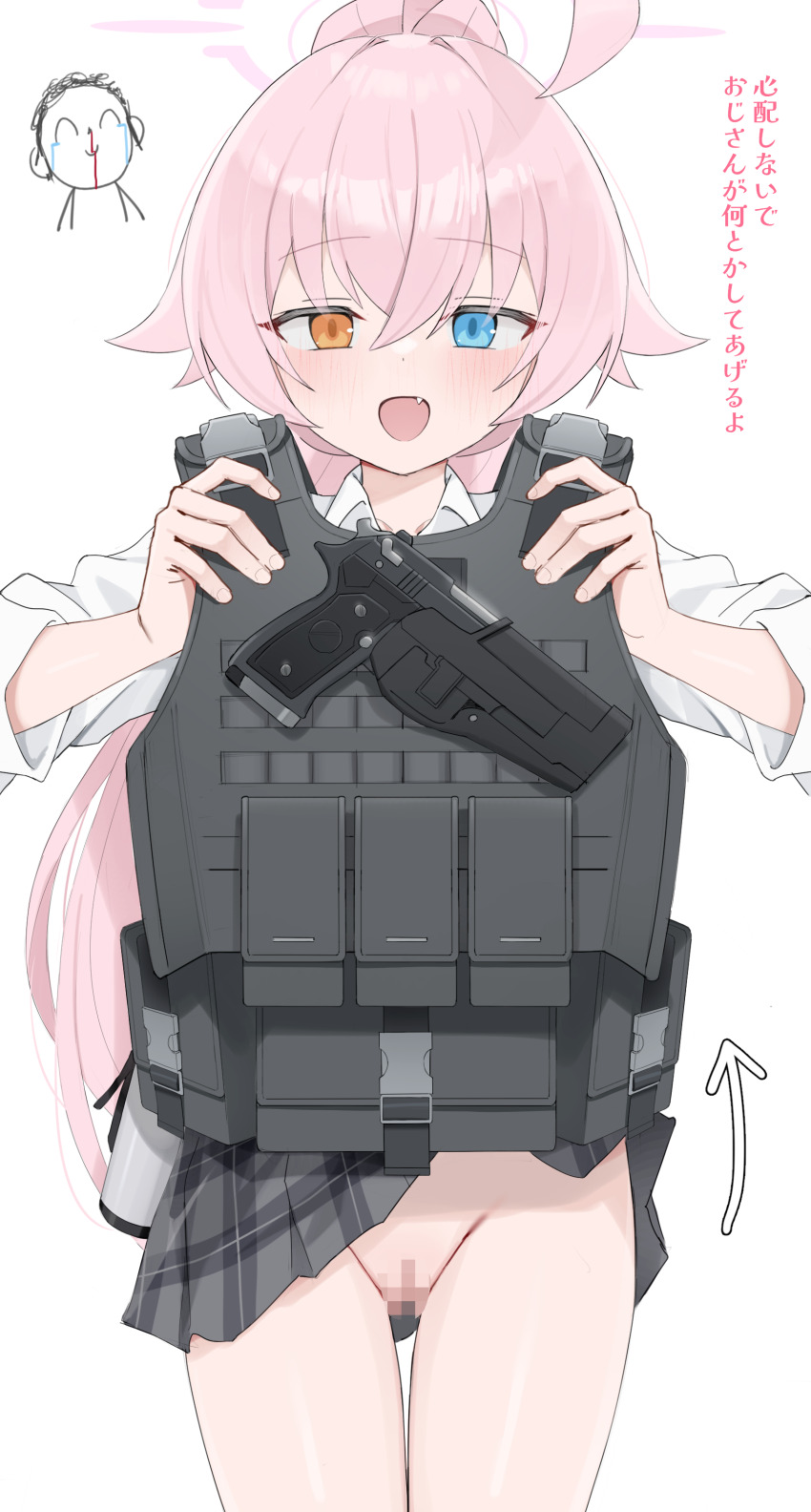 1girl absurdres blood blue_archive blue_eyes bulletproof_vest censored clothes_lift doodle_sensei_(blue_archive) fang gun halo heterochromia highres hoshino_(blue_archive) long_hair mosaic_censoring no_panties nosebleed pink_hair pussy sensei_(blue_archive) shengtian shirt simple_background skirt skirt_lift weapon white_background white_shirt