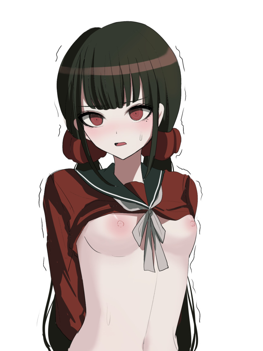 1girl black_hair blush breasts comi_(avsr7485) danganronpa_(series) danganronpa_v3:_killing_harmony harukawa_maki highres looking_at_viewer low_twintails mole mole_under_eye nipples open_mouth red_eyes red_shirt shirt solo sweat twintails undressing upper_body white_background