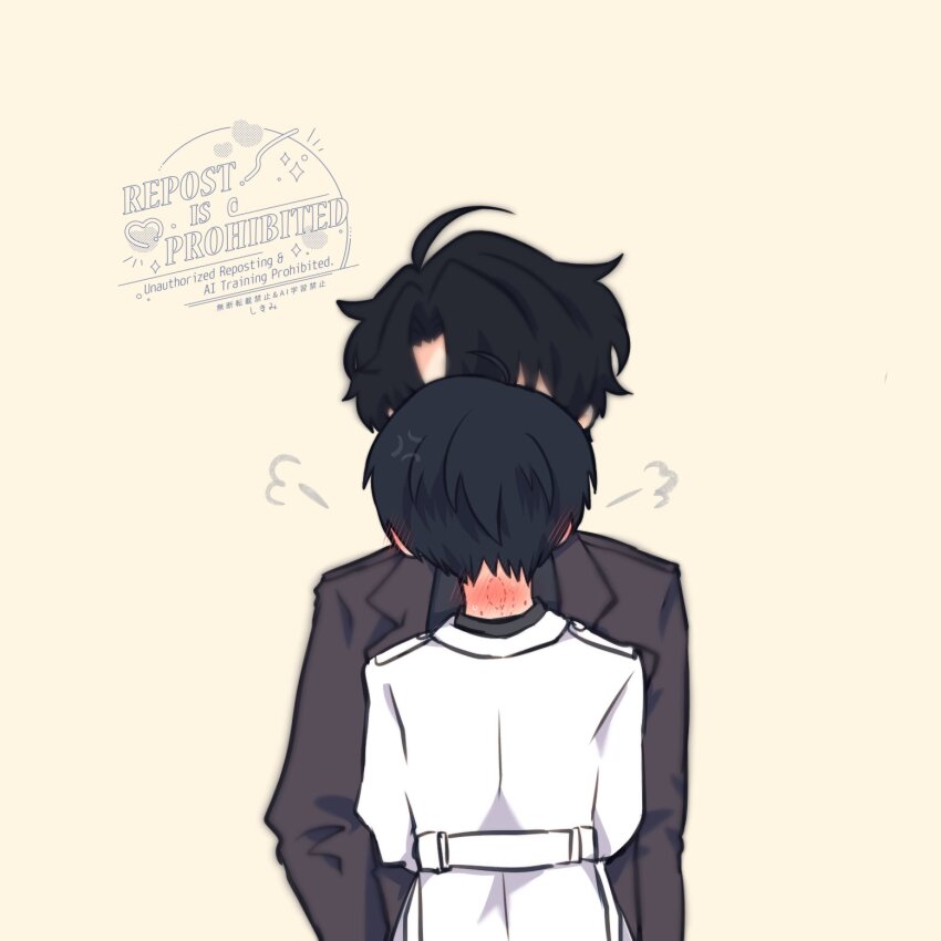 2boys ahoge bite_mark bite_mark_on_neck black_coat black_hair black_shirt breath chibi chibi_only coat collared_shirt curtained_hair facing_another hair_between_eyes highres kim_dokja kimidori_22 male_focus multiple_boys omniscient_reader&#039;s_viewpoint open_clothes open_coat popped_collar shirt short_hair white_coat yoo_joonghyuk