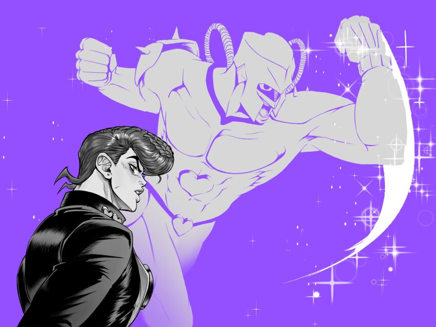 2boys abs arms_up bare_pectorals black_coat clenched_hands coat collared_coat crazy_diamond d0rii diamond_wa_kudakenai earrings gakuran heart higashikata_josuke highres jewelry jojo_no_kimyou_na_bouken looking_ahead male_focus multiple_boys open_mouth pectorals piercing pompadour popped_collar profile purple_background school_uniform short_hair sparkle stand_(jojo) stud_earrings teeth upper_body