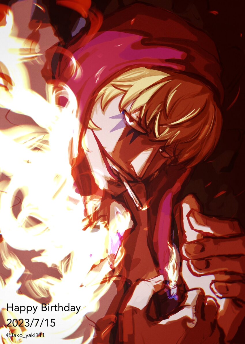 1boy burning burning_clothes donquixote_rocinante happy_birthday highres jitome large_pectorals leaning_forward lighting_cigarette looking_at_viewer makeup male_focus muscular muscular_male one_piece pectorals red_hood short_hair smile smoking solo tako_(tako_yaki111) upper_body