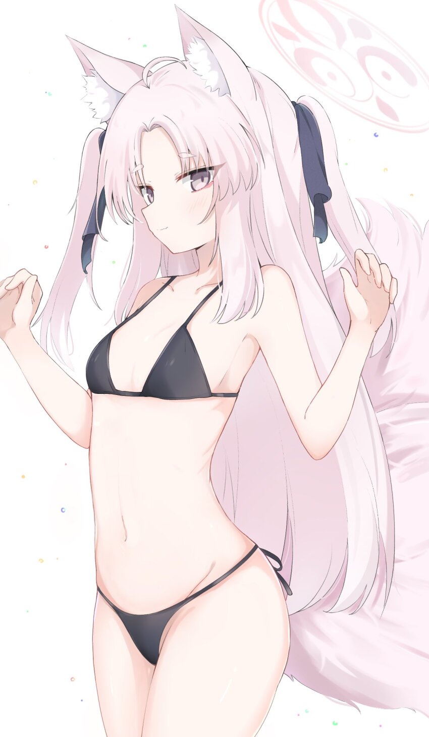1girl ahoge alternate_costume animal_ear_fluff animal_ears bare_arms bare_shoulders bikini black_bikini black_ribbon blue_archive breasts collarbone commentary cowboy_shot eyes_visible_through_hair fox_ears fox_girl fox_tail grey_eyes grin hair_ribbon halo hands_up highres kuzunoha_(blue_archive) long_hair multiple_tails navel parted_bangs pink_hair pink_halo preste ribbon sidelocks simple_background small_breasts smile solo stomach swimsuit tail thick_eyebrows two_side_up two_tails very_long_hair w_arms white_background