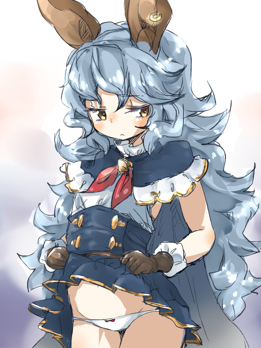 1girl animal_ear_piercing animal_ears averting_eyes bare_arms blue_capelet blue_hair blue_skirt brown_eyes brown_gloves capelet closed_mouth clothes_lift cowboy_shot croixsan erune ferry_(granblue_fantasy) frown gloves granblue_fantasy groin hair_between_eyes half-closed_eyes high-waist_skirt highres jitome legs_together lifting_own_clothes long_hair lowleg lowleg_panties navel panties red_ribbon ribbon shirt sideways_glance skirt skirt_lift sleeveless sleeveless_shirt solo standing underwear very_long_hair white_panties white_shirt