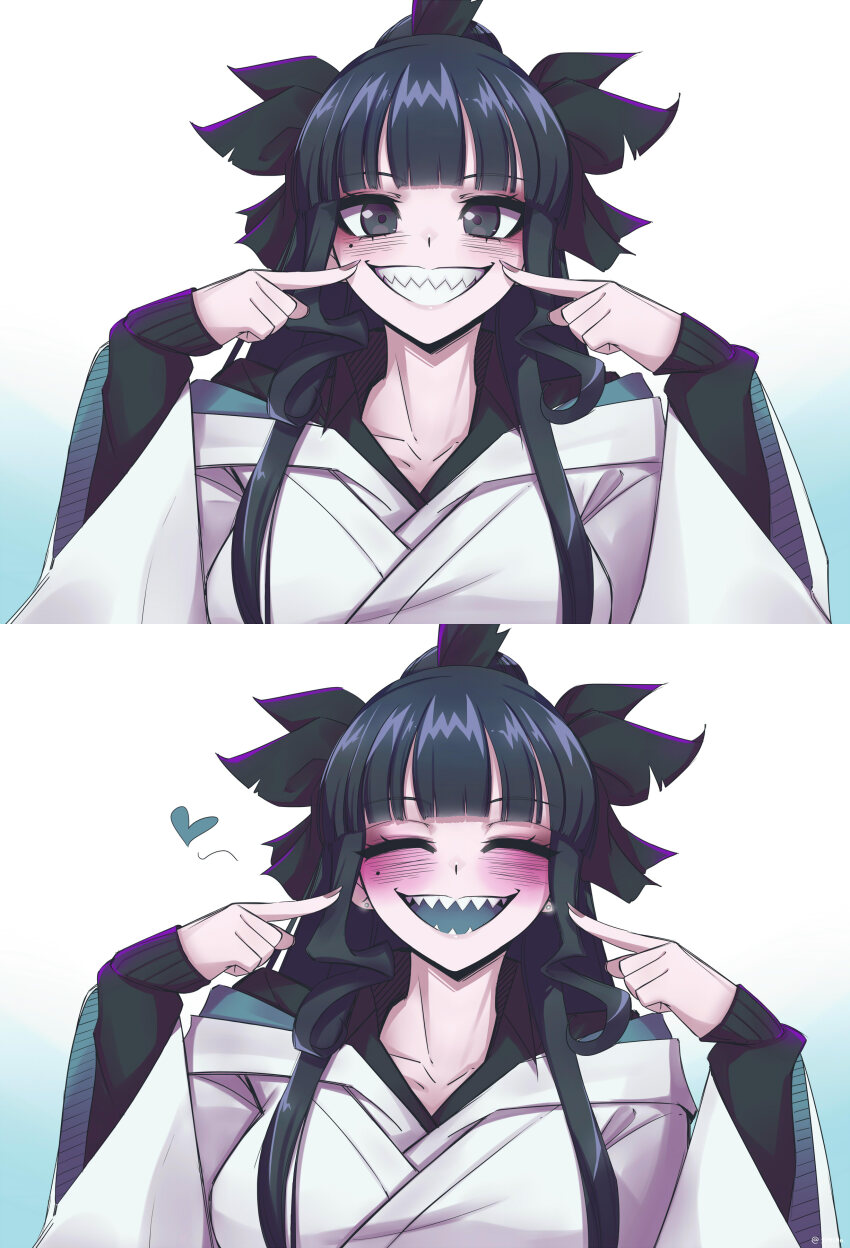 1girl absurdres artemis_of_the_blue atelier_live black_eyes black_hair blush closed_eyes commentary english_commentary heart highres hood hood_down hoodie mole mole_under_eye open_mouth shark_fin shark_girl sharp_teeth smile solo st41nn teeth virtual_youtuber wavy_sidelocks white_hoodie wide_sleeves