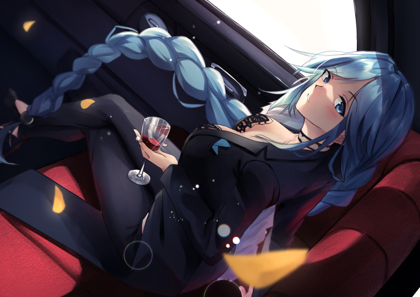 1girl 200f_(nifu) absurdly_long_hair azur_lane biloxi_(azur_lane) biloxi_(empress_in_the_silk_seat)_(azur_lane) black_bra black_choker black_pants black_suit blue_eyes blue_hair blush bra bra_peek braid braided_ponytail breasts choker cleavage formal_clothes from_above glass handkerchief high_heels highres long_hair looking_at_viewer medium_breasts pants red_wine single_braid sitting suit underwear very_long_hair wine