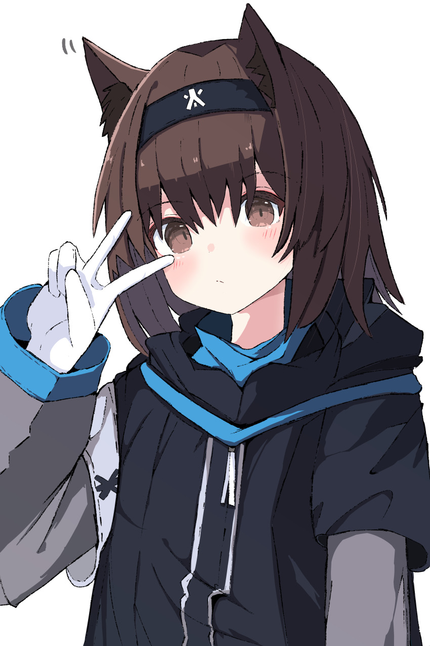 1girl absurdres animal_ears arknights black_hairband black_sweater blush brown_eyes brown_hair cat_ears extra gloves hairband hand_up highres layered_sleeves long_sleeves looking_at_viewer nui_(nuinui0300) rhodes_island_medic_(arknights) short_hair simple_background solo sweater upper_body v v_over_eye white_background white_gloves