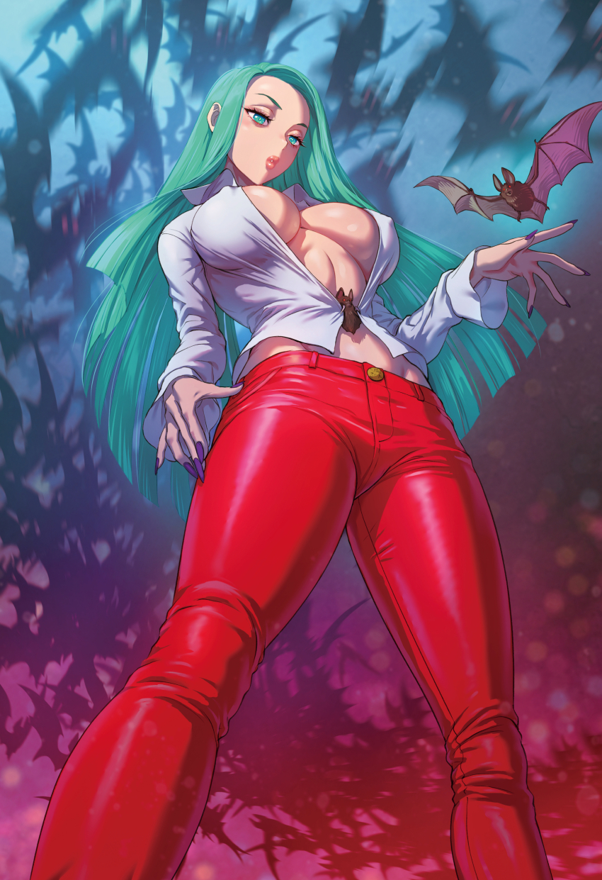 1girl absurdres bat_(animal) comiket_105 darkstalkers fujii_eishun green_eyes green_hair head_wings highres morrigan_aensland pants red_pants shirt solo white_shirt wings