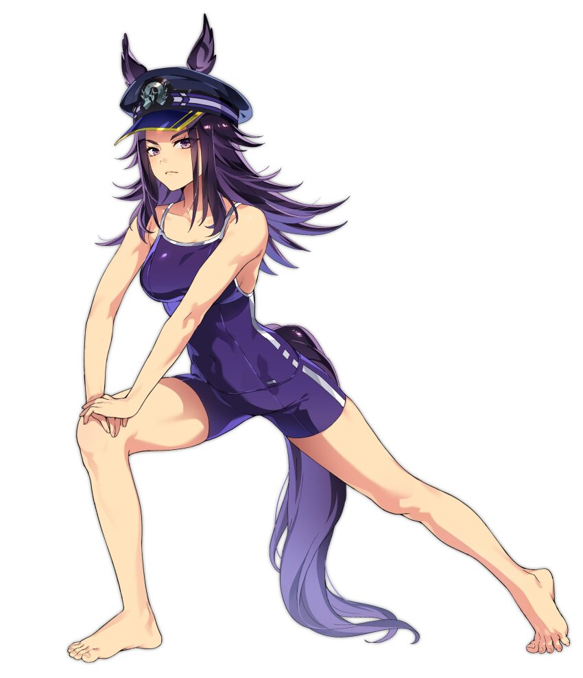 1girl animal_ears artist_request bare_legs barefoot black_hat breasts closed_mouth collarbone dot_nose feet female_focus fenomeno_(umamusume) full_body hat highres horse_ears horse_girl horse_tail horseshoe_hat_ornament horseshoe_ornament large_breasts legs long_hair looking_at_viewer navel no_bra one-piece_swimsuit purple_eyes purple_hair purple_one-piece_swimsuit purple_shorts purple_tail sexually_suggestive shorts simple_background sleeveless solo solo_focus stretching swimsuit tail thighs toes tracen_swimsuit umamusume white_background