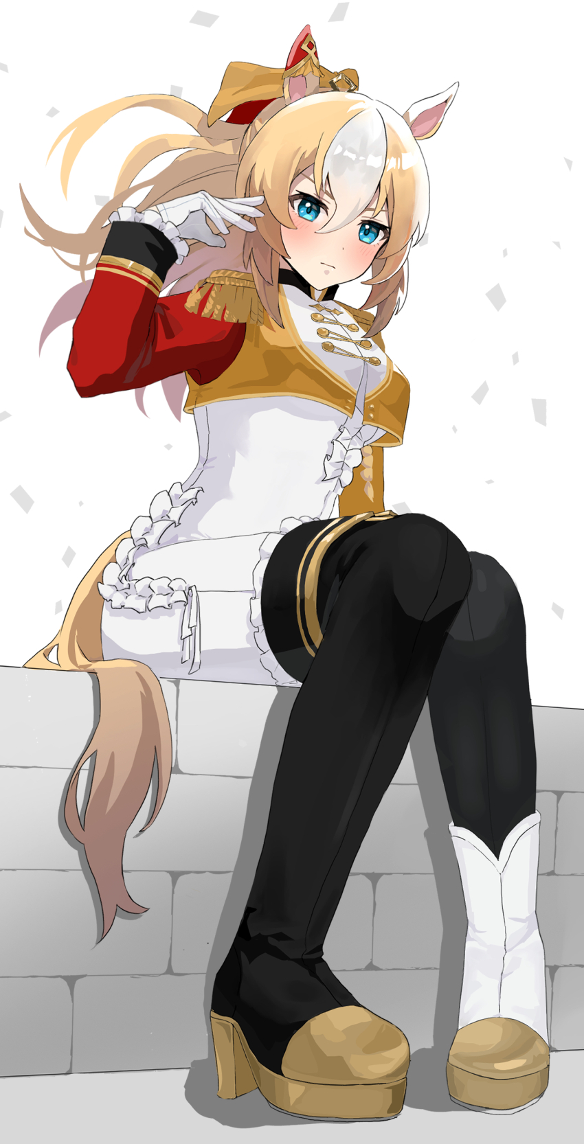 1girl absurdres animal_ears black_boots blonde_hair blue_eyes bodysuit boots commentary_request durandal_(umamusume) ear_covers epaulettes frilled_bodysuit full_body hair_between_eyes highres horse_ears horse_girl horse_tail long_hair looking_at_viewer multicolored_hair simple_background single_ear_cover sitting solo tail tainy_y two-tone_hair umamusume white_background white_bodysuit white_hair