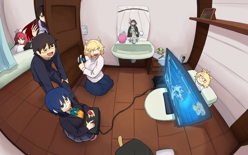 +_+ 1boy 5girls =_= absurdres alternate_costume animal_ear_fluff animal_ears arcade_stick arcueid_brunestud bathroom bathtub beffen_m black_hair blazer blonde_hair blue_eyes blue_hair blue_skirt breasts broom cat_ears ciel_(tsukihime) cloak commentary controller dualsense english_commentary fangs female_pov fisheye gakuran game_console game_controller gamepad glasses grey_skirt grin highres hisui_(tsukihime) hitbox holding holding_broom hood hooded_cloak hugging_own_legs jacket joystick kemonomimi_mode knee_boobs kohaku_(tsukihime) large_breasts long_hair maid maid_headdress medium_breasts melty_blood melty_blood:_type_lumina meme meta mirror monitor multicolored_hair multiple_girls nasu_kinoko neco-arc open_door pantyhose peeking pink_hair playing_games playstation_5 playstation_controller pov red_eyes red_hair sad school_uniform seiza short_hair sitting skirt slit_pupils smile sweater tile_floor tiles tohno_akiha tohno_shiki toilet toono_akiha tsukihime tsukihime_(remake) turtleneck turtleneck_sweater two-tone_hair vermillion_akiha white_sweater