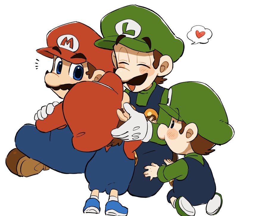 4boys animal_ears baby_luigi baby_mario blue_overalls brown_hair facial_hair from_side full_body gloves green_shirt hat highres luigi male_focus mario mario_(series) mimimi_(mimimim9999) multiple_boys mustache nintendo overalls red_hat shirt