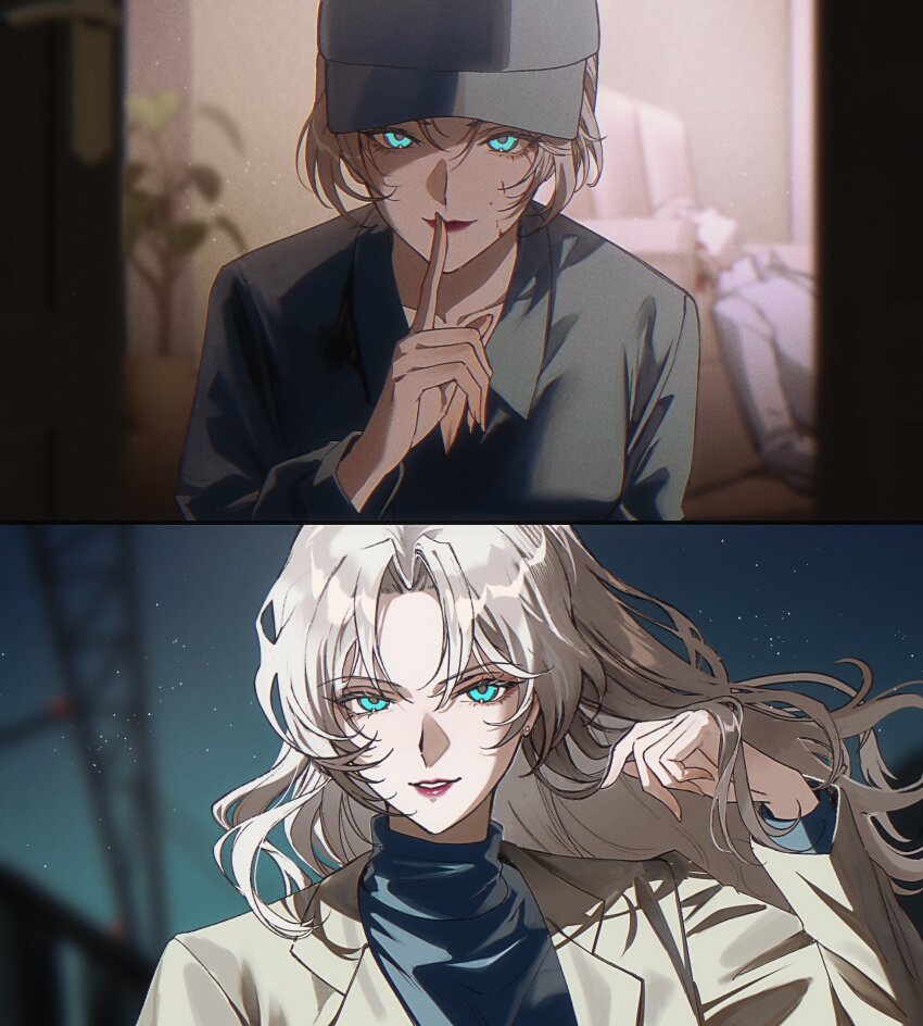 1boy 1girl absurdres age_comparison aqua_eyes black_hat blonde_hair blood blood_on_face blurry blurry_background commentary_request curtained_hair finger_to_mouth hat highres kuga_huna lapels meitantei_conan murder notched_lapels parted_bangs peaked_cap red_lips scene_reference shushing spoilers vermouth_(meitantei_conan)