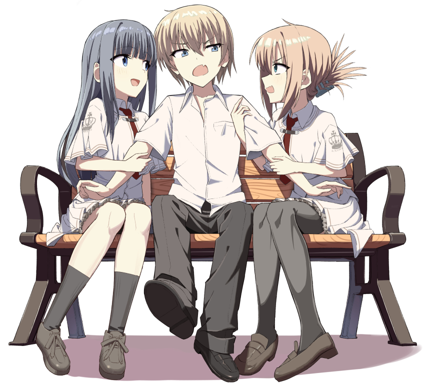 1boy 2girls :d absurdres aqua_eyes arm_hug bench black_footwear black_pants black_socks blue_eyes blunt_bangs blush brown_footwear brown_hair capelet cevi79604876054 collared_shirt commentary eyes_visible_through_hair fang folded_ponytail frown full_body girl_sandwich hair_between_eyes hetero highres kneehighs loafers long_hair looking_at_another mamiya_takuji medium_hair miniskirt multiple_girls necktie on_bench open_mouth pants pantyhose park_bench pleated_skirt red_necktie sandwiched school_uniform shirt shoes short_hair short_sleeves sidelocks simple_background sitting skin_fang skirt smile smug socks subarashiki_hibi tachibana_kimika takashima_zakuro tsurime v-shaped_eyebrows white_background white_capelet white_pantyhose white_shirt white_skirt