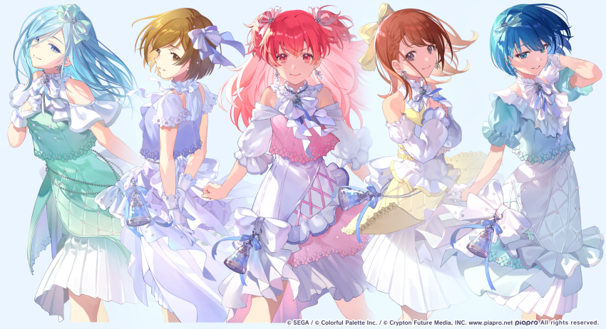 5girls arm_at_side bare_shoulders blue_background blue_eyes blue_hair bow brown_eyes brown_hair closed_mouth dress earrings frills gloves gomosawa hair_bow hair_ribbon hanasato_minori hand_in_own_hair hand_up highres hinomori_shizuku jewelry kiritani_haruka light_smile long_hair looking_at_viewer meiko_(vocaloid) momoi_airi multiple_girls neck_ribbon parted_lips pink_eyes pink_hair project_sekai puffy_short_sleeves puffy_sleeves ribbon short_hair short_sleeves simple_background skirt smile swept_bangs twintails white_bow white_dress white_gloves white_skirt