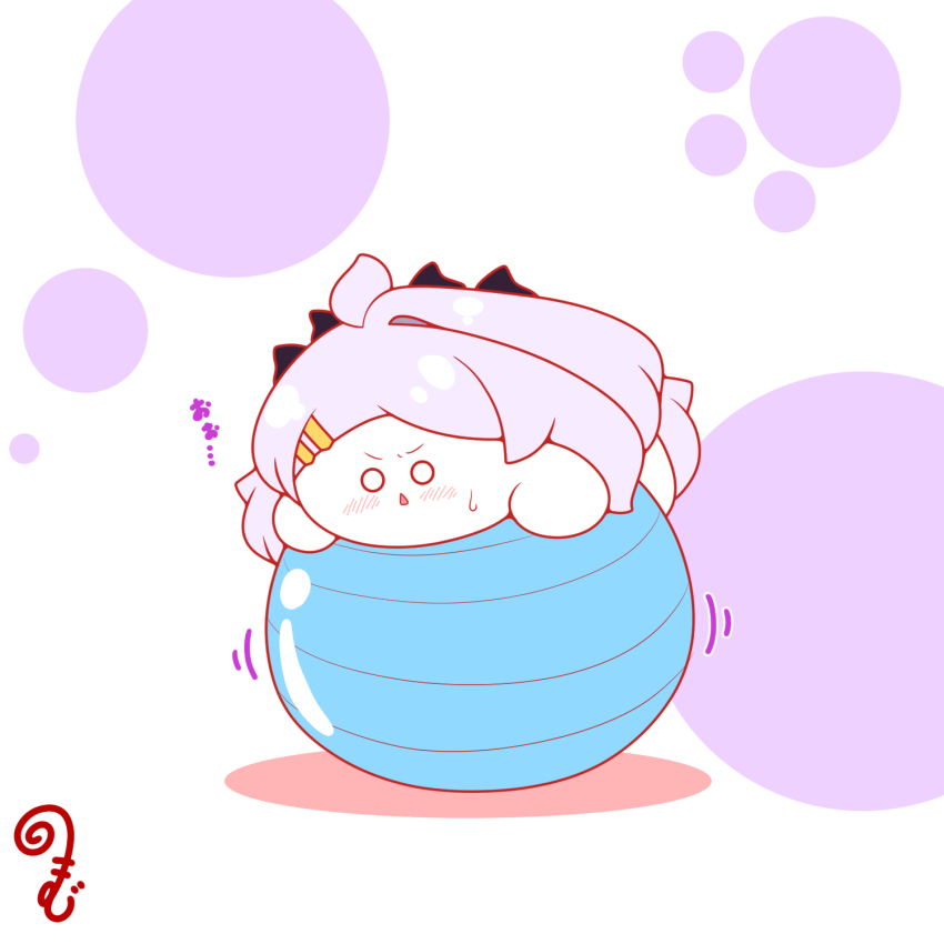:&lt; ahoge ball blue_archive blush chibi exercise_ball grey_hair hair_ornament hairclip highres hina_(blue_archive) horns kurukurumagical long_hair motion_lines no_halo o_o parted_bangs parted_lips single_hair_intake small_sweatdrop solo sweat triangle_mouth v-shaped_eyebrows very_long_hair