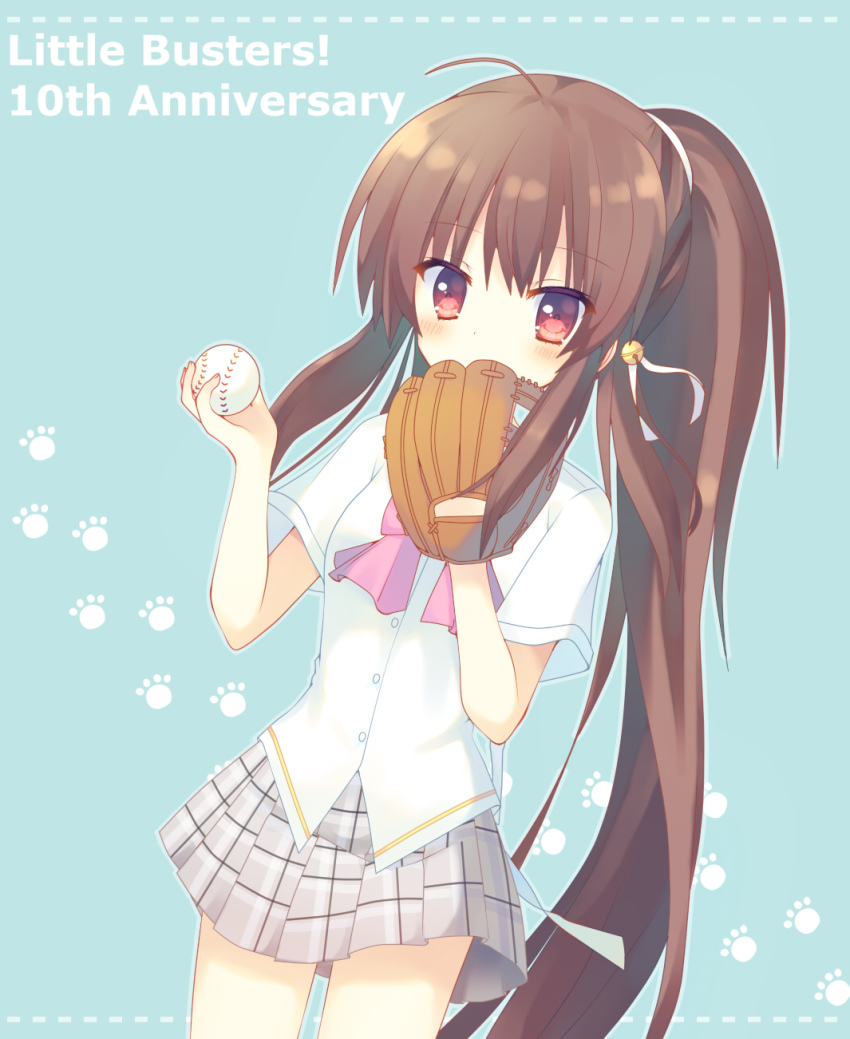 1girl ahoge aiyan anniversary bad_id bad_pixiv_id ball baseball_(object) baseball_glove bell blue_background blush bow brown_hair commentary_request copyright_name covered_mouth cowboy_shot eyes_visible_through_hair grey_skirt hair_bell hair_between_eyes hair_ornament hair_ribbon hands_up highres holding holding_ball jingle_bell little_busters! little_busters!_school_uniform long_hair looking_at_viewer miniskirt natsume_rin paw_print pink_bow plaid_clothes plaid_skirt pleated_skirt ponytail red_eyes ribbon school_uniform shirt short_sleeves sidelocks simple_background skirt solo very_long_hair white_ribbon white_shirt