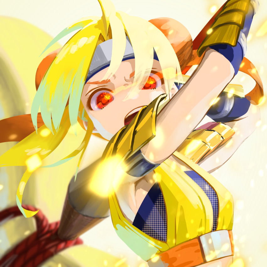 absurdres armor blonde_hair blue_headband blue_shirt breasts bun_cover commentary double_bun gourd hair_bun hammer headband hide_yoshino highres holding holding_hammer looking_at_viewer open_mouth red_eyes red_rope rope ryohhe sengoku_otome shirt shoulder_armor sleeveless sleeveless_shirt small_breasts teeth upper_body upper_teeth_only vambraces yellow_shirt