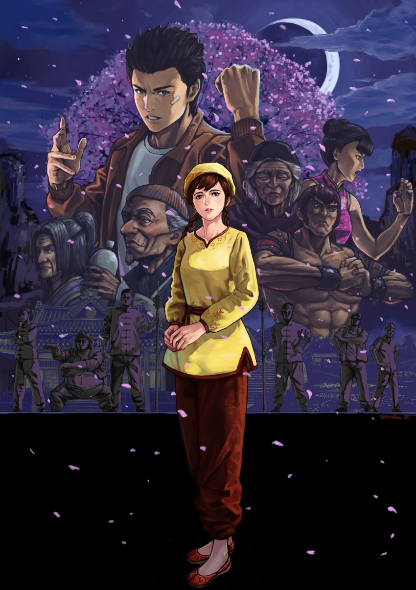 bandaid bandaid_on_face braid brown_eyes cherry_blossoms clenched_hand cloud crescent_moon hazuki_ryou highres jacket leather leather_jacket ling_shen_hua moon moonlight multiple_boys multiple_girls night night_sky pants petals raikou_(ff) red_footwear red_pants sash shenmue shenmue_iii shirt sky spiked_hair tree twin_braids white_shirt yellow_shirt yorimitsu zhen_wei