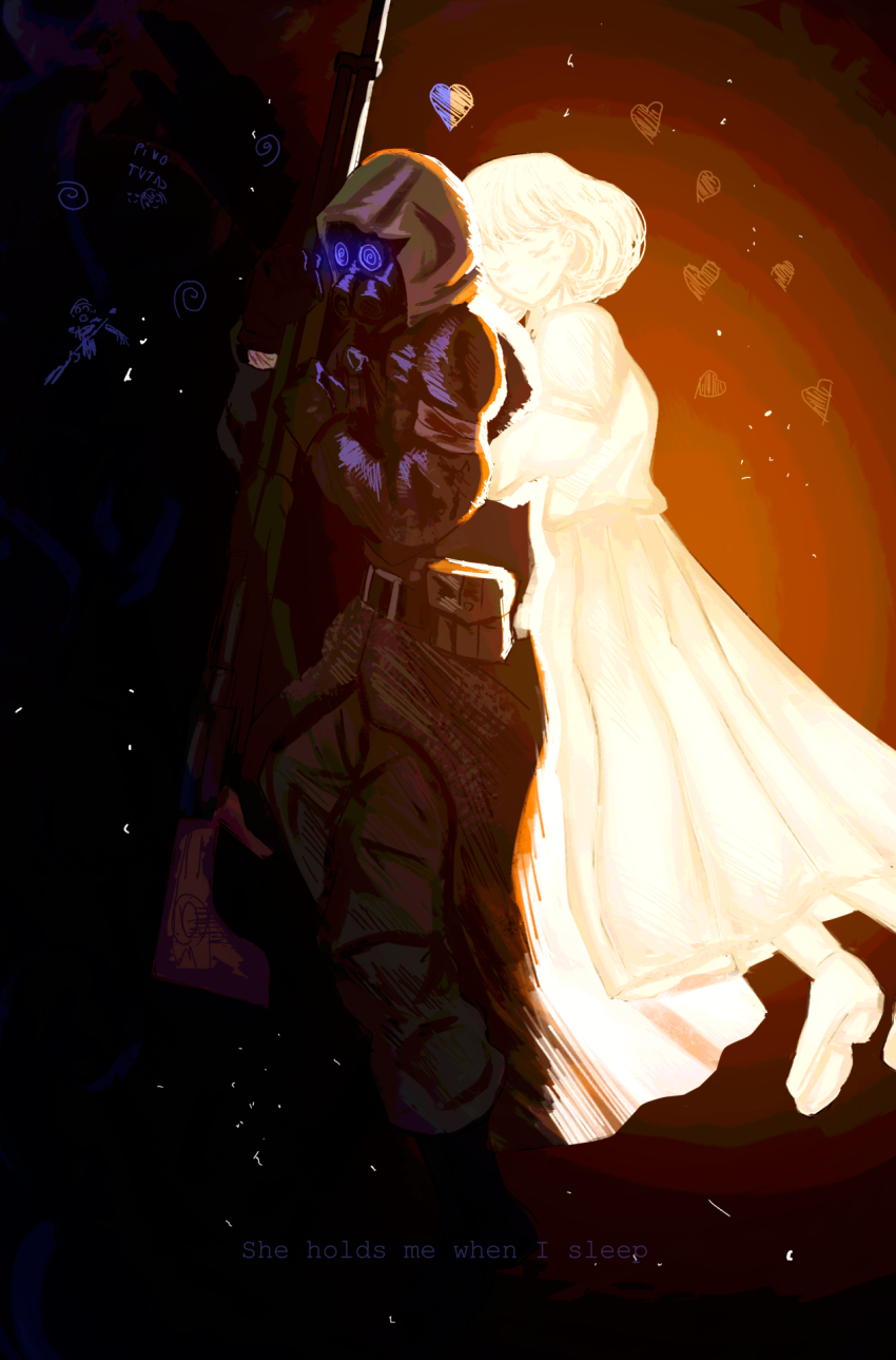 1boy 1girl ammunition_pouch bandaged_arm bandages black_boots blood bloody_bandages blush boots closed_eyes coat color_banding color_contrast commentary dark_background english_text floating floating_hair from_side full_body gas_mask ghost gloves glowing gun hanging_on_another heart hetero highres holding holding_gun holding_weapon hood hooded_jacket hug hug_from_behind huge_weapon ivantsg jacket jacket_under_coat kacper_(peripeteia) long_skirt mask medium_hair painterly pants peripeteia pouch ptrs-41 running shoes sidelighting skirt smile spiral sweater torn_hood trench_coat weapon