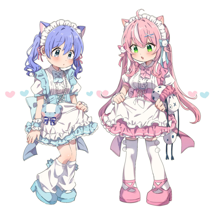 2girls animal_ears apron back_bow blue_bow blue_bowtie blue_corset blue_dress blue_eyes blue_hair blue_shoes bow bowtie c02_lemon cat_ears center_frills collared_shirt corset dress extra_ears frills green_eyes high_heels highres kemonomimi_mode long_hair loose_socks maid maid_apron maid_headdress multiple_girls nijisanji nijisanji_kr pink_bow pink_bowtie pink_corset pink_dress pink_hair pink_shoes puffy_short_sleeves puffy_sleeves shirt shoes short_sleeves simple_background sleeveless sleeveless_dress socks standing stuffed_animal stuffed_toy thighhighs twintails virtual_youtuber waist_apron white_background white_shirt white_socks white_thighhighs wrist_cuffs yang_nari yuuki_chihiro