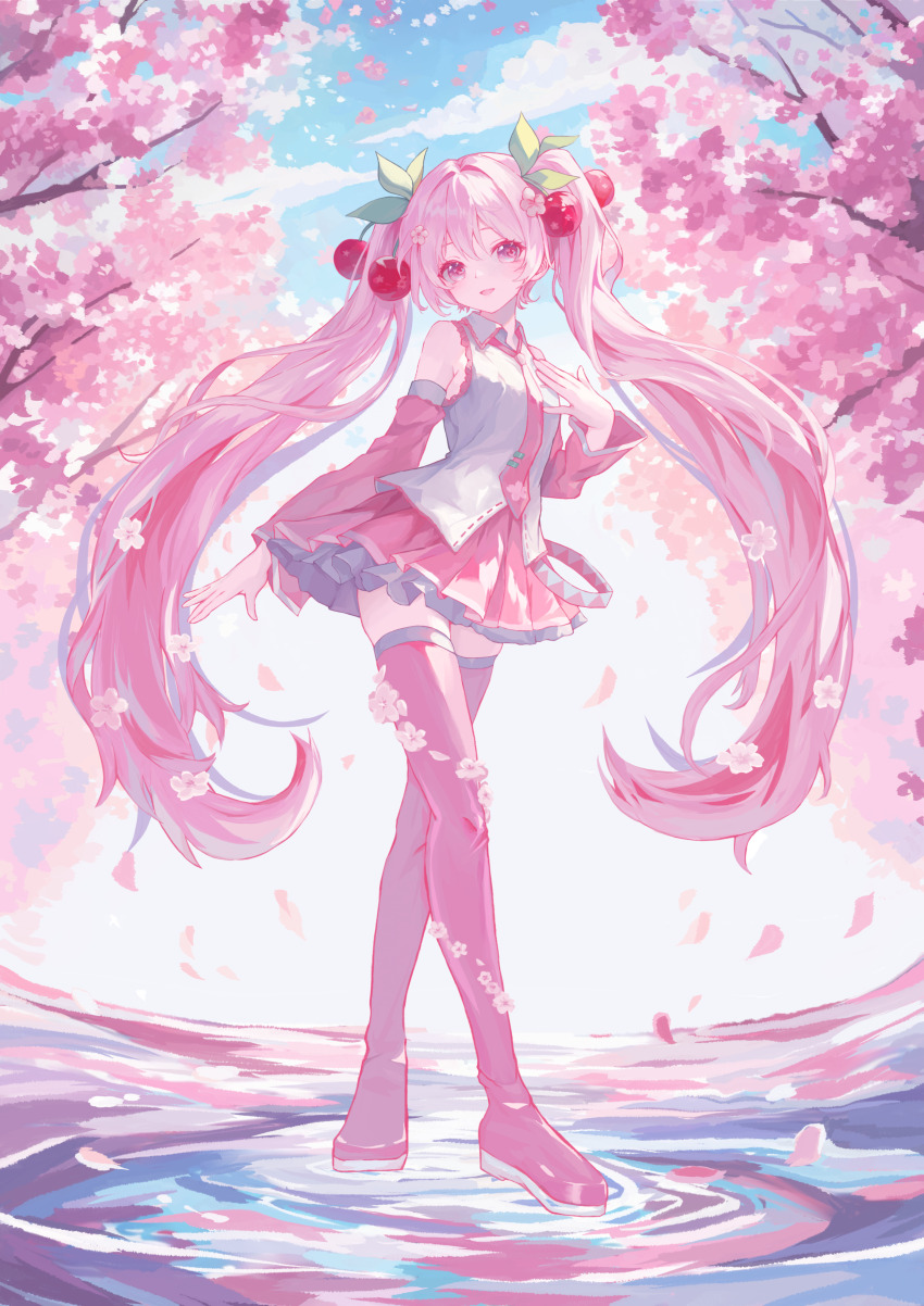 1girl 7yami_minami absurdres armpit_crease bare_shoulders blue_sky boots branch cherry_blossom_print cherry_blossoms cherry_hair_ornament cherry_tree cloud collared_shirt commentary crossed_legs detached_sleeves falling_petals floral_print flower food-themed_hair_ornament full_body hair_flower hair_ornament hand_on_own_chest hatsune_miku head_tilt highres light_smile long_hair long_sleeves looking_at_viewer miniskirt necktie official_alternate_color official_alternate_eye_color official_alternate_hair_color open_mouth outdoors petals petals_on_liquid pink_boots pink_eyes pink_flower pink_hair pink_necktie pink_skirt pink_sleeves pleated_skirt ripples sakura_miku shirt skirt sky sleeveless sleeveless_shirt solo standing standing_on_liquid thigh_boots thighhighs tie_clip twintails very_long_hair vocaloid white_shirt wide_sleeves wing_collar zettai_ryouiki