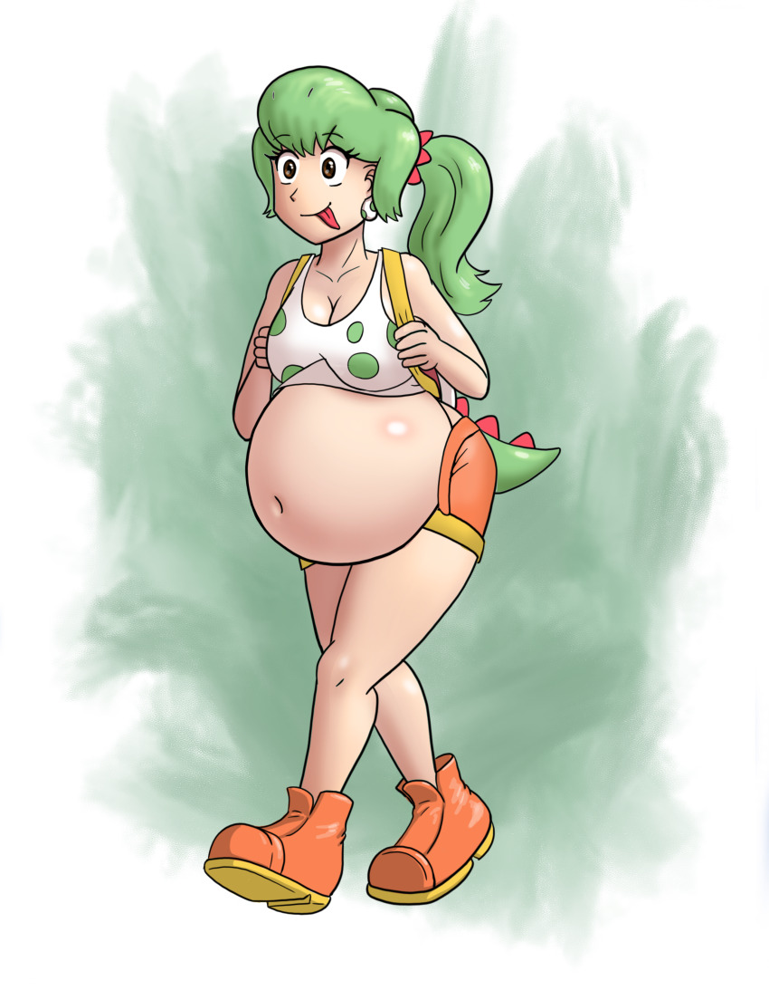 1girl abstract_background absurdres backpack bag belly_stuffing breasts brown_eyes dinosaur_girl earrings female_focus front full_body genderswap genderswap_(mtf) green_hair green_tail highres inflation jewelry large_breasts mario_(series) nintendo orange_shoes orange_shorts ponytail saf-404 shoes shorts tail thick_thighs thighs tongue tongue_out walking white_background yoshi