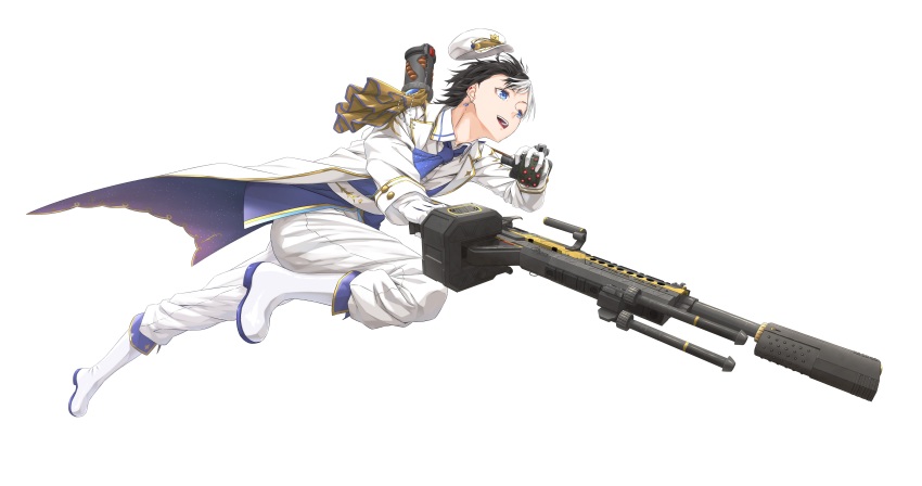 1boy absurdres apex_legends ascot black_hair blue_ascot boots energy_gun explosive gloves grenade gun highres holding holding_grenade holding_gun holding_weapon indie_virtual_youtuber jacket kamito_(vtuber) kercerberus light_machine_gun machine_gun male_focus multicolored_hair pants running solo two-tone_hair virtual_youtuber weapon white_background white_boots white_gloves white_hair white_headwear white_jacket white_pants x-55_devotion