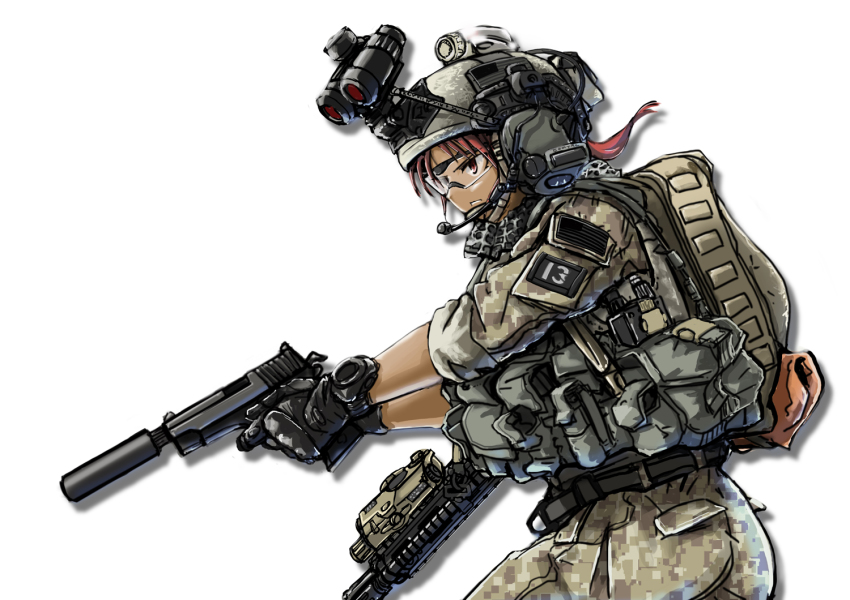 1girl american_flag backpack bag belt glasses gloves gun handgun headphones helmet holstered load_bearing_equipment load_bearing_vest military night-vision_device original sig_p220/p226 simple_background suppressor tom_keith watch weapon