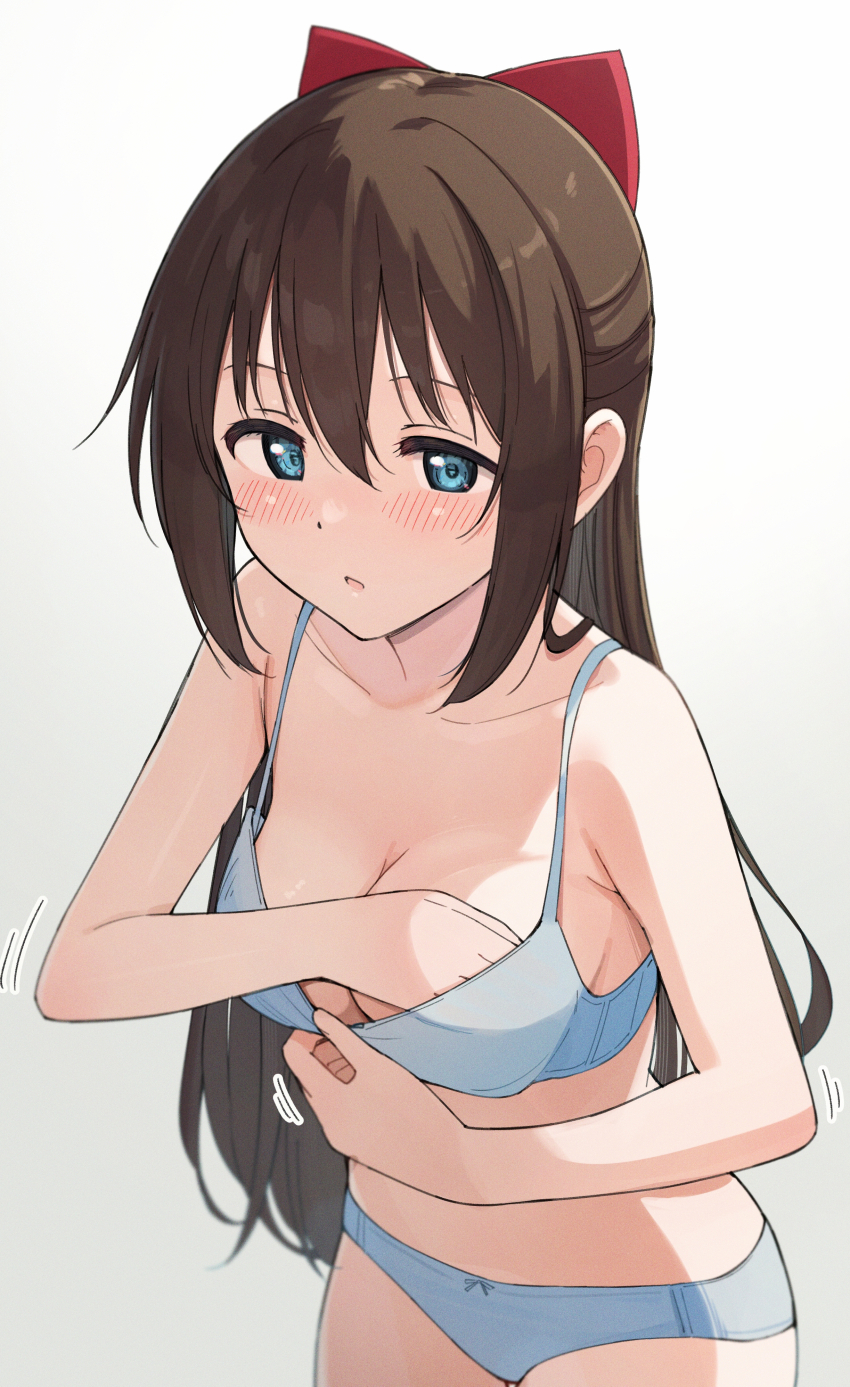 1girl absurdres adjusting_breasts blue_bra blue_eyes blue_panties blush bow bra breasts brown_hair collarbone commentary_request cowboy_shot hair_bow highres long_hair love_live! love_live!_nijigasaki_high_school_idol_club medium_breasts osaka_shizuku panties parted_lips simple_background solo tata_(tataice) underwear white_background