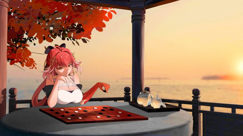 1girl absurdres bare_shoulders black_bow blurry blurry_background board_game bow braid breasts changli_(wuthering_waves) cleavage closed_mouth colored_extremities commentary gazebo go_(board_game) hair_bow hair_extensions hair_ornament hazeillusts head_rest highres holding large_breasts long_hair looking_at_object multicolored_hair orange_eyes outdoors pink_hair red_hands ring_hair_extensions smile solo streaked_hair sunset twin_braids water wuthering_waves