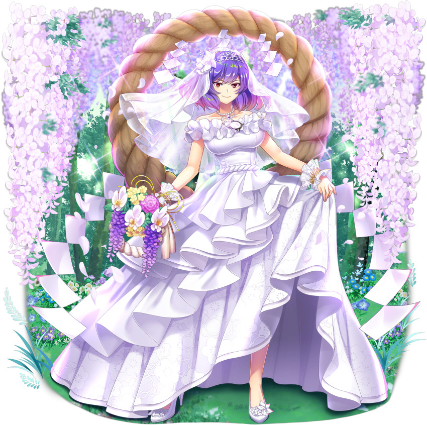 1girl alternate_costume breasts bridal_veil closed_mouth collarbone dress falling_petals floral_print flower flower_basket flower_request footwear_flower frilled_dress frills full_body game_cg highres jewelry large_breasts looking_at_viewer medium_hair mirror necklace off-shoulder_dress off_shoulder official_art orchid pendant petals plum_blossom_print print_dress purple_flower purple_hair red_eyes rope rotte_(1109) see-through_clothes see-through_veil shide shimenawa shoes skirt_hold smile solo sparkle standing third-party_source tiara touhou touhou_lostword transparent_background veil wedding_dress white_dress white_flower white_shoes white_veil wisteria wrist_cuffs yasaka_kanako yasaka_kanako_(era-defining_white_onbashira) yellow_flower