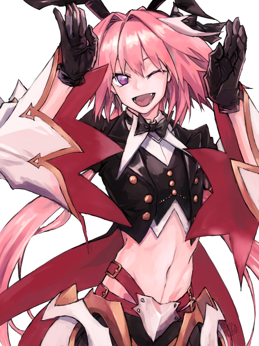 1boy animal_ears armor armored_dress astolfo_(fate) astolfo_(saber)_(fate) astolfo_(saber)_(second_ascension)_(fate) black_bow black_gloves black_legwear black_ribbon bow bowtie dress fate/grand_order fate_(series) gloves hair_bow hair_intakes hair_ornament hair_ribbon happy highres long_hair long_sleeves looking_at_viewer low_twintails male_focus midriff momomogeta multicolored_hair one_eye_closed open_mouth pink_hair purple_eyes rabbit_ears rabbit_hair_ornament ribbon simple_background smile solo streaked_hair trap twintails upper_body white_background