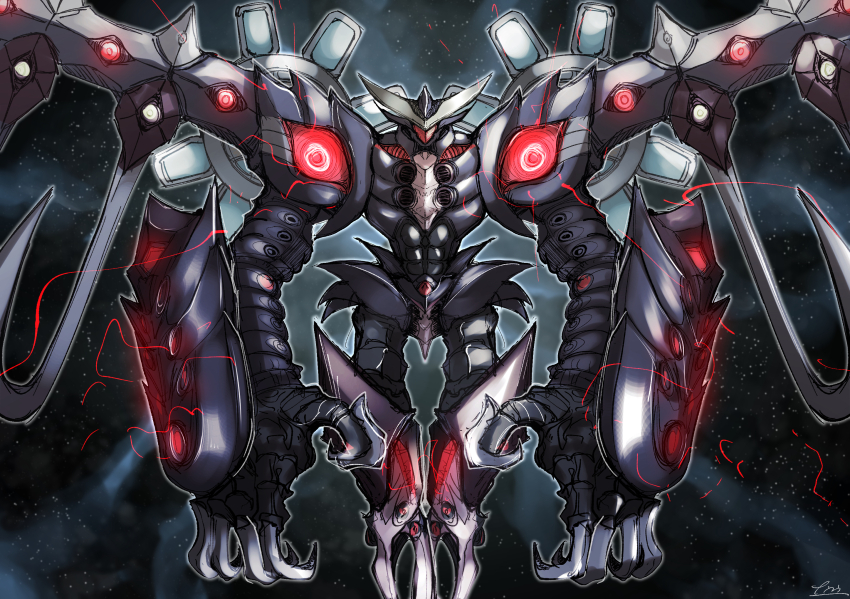 black_background claws duel_monster electricity extra_eyes full_body highres looking_at_viewer mecha nankou_(koutanan) no_humans red_eyes robot signature simple_background solo super_starslayer_ty-phon_-_star_crisis yu-gi-oh!