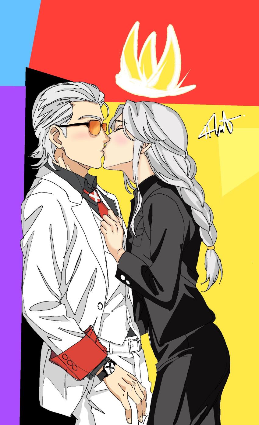 1boy 1girl absurdres blush couple ear_blush earrings glasses heart highres hug jewelry light_blush non-web_source ponytail queen_(to_be_hero_x) shirt smile smug to_be_hero to_be_hero_x white_background white_hair white_shirt x_(to_be_hero_x)