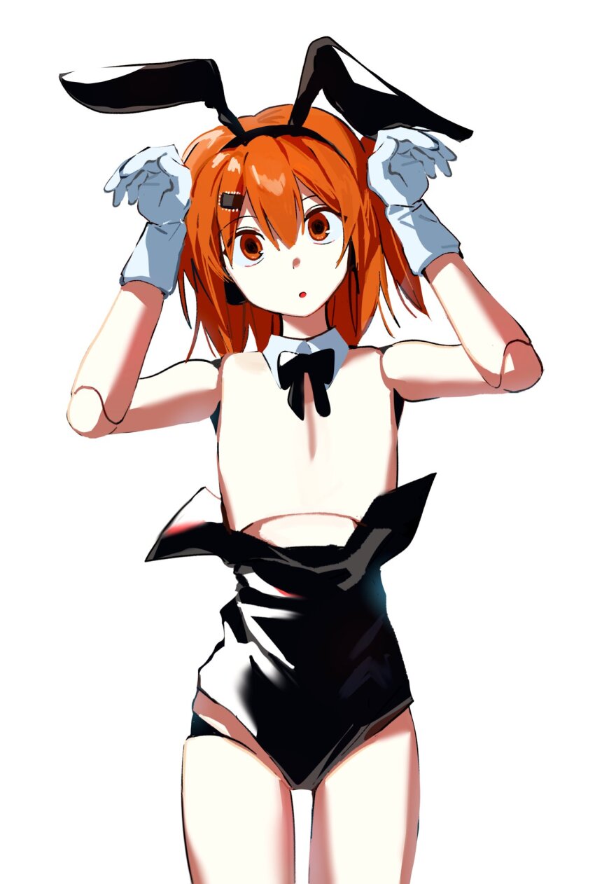 1girl a.i._voice adachi_rei alternate_costume android animal_ear_hairband animal_ears black_bow black_bowtie black_leotard bow bowtie commentary_request cowboy_shot detached_collar doll_joints fake_animal_ears flat_chest gloves hair_ornament hairband hairclip hands_up head_tilt headphones highres joints leotard looking_at_viewer medium_hair no_nipples one_side_up open_mouth orange_eyes orange_hair partially_undressed playboy_bunny rabbit_ear_hairband rabbit_ears rabbit_pose robot_girl samsap seams simple_background solo standing straight-on utau white_gloves