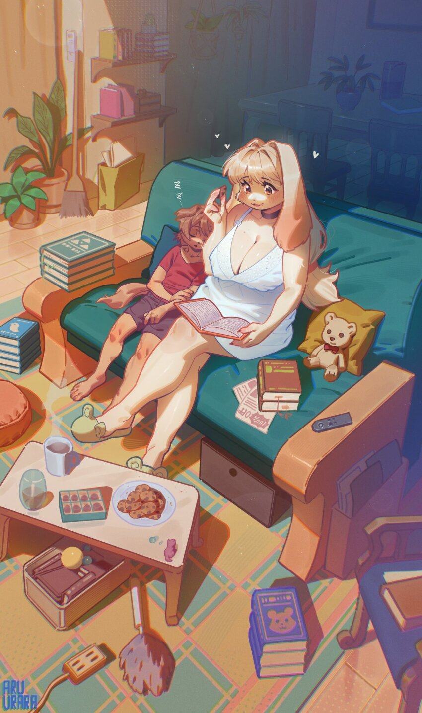1boy 1girl animal_ears artist_name black_shorts blonde_hair book book_stack breasts broom chair child choker chromatic_aberration cleavage closed_eyes coffee controller cookie couch crossed_legs cup dog_boy dog_ears dog_tail food furry furry_female furry_male hair_intakes heart highres holding holding_food indoors inuki_(aruurara) large_breasts lens_flare mug nightgown open_book original plant plate potted_plant rabbit_ears rabbit_girl rabbit_tail reading red_shirt remote_control rug shelf shirt shorts sitting sleeping slippers steam stuffed_animal stuffed_toy table tail teddy_bear wide_shot zzz