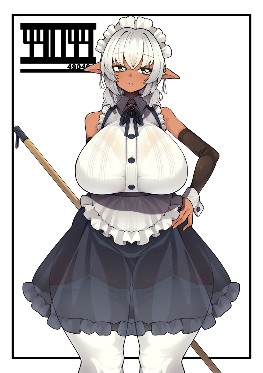 1girl apron black_skirt bra bra_visible_through_clothes breasts brown_eyes commission dark-skinned_female dark_skin dress garter_belt hand_on_own_hip highres holding holding_mop huge_breasts long_hair looking_to_the_side maid maid_headdress mop open_mouth original panties picture_frame pointy_ears see-through_clothes see-through_skirt shigure1213 simple_background skeb_commission skirt solo thick_thighs thigh_gap thighhighs thighs underwear waist_apron white_apron white_background white_bra white_dress white_hair white_headdress white_panties white_thighhighs white_wrist_cuffs wrist_cuffs