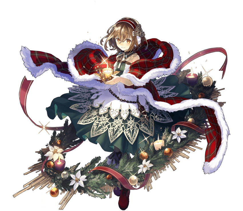 1girl candle chain christmas crossed_bangs dress full_body green_dress green_skirt hair_between_eyes hair_ornament hairband highres light_brown_hair longinus_(phantom_of_the_kill) looking_at_viewer official_alternate_costume official_art phantom_of_the_kill red_hairband red_ribbon ribbon skirt solo two-tone_dress watarubou white_dress yellow_eyes