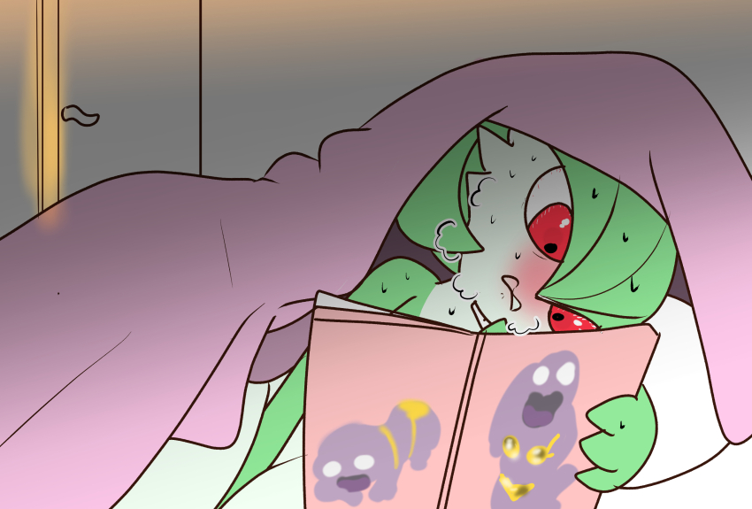 1girl between_legs blanket bloodshot_eyes blush bob_cut breath closed_mouth colored_skin creatures_(company) door female_focus flat_color game_freak gardevoir gen_1_pokemon gen_3_pokemon green_hair green_skin grimer hair_between_eyes hand_between_legs highres holding holding_magazine indoors lying magazine_(object) multicolored_skin nintendo nose_blush okatanuki_(hsdp4852) on_side pillow pokemon pokemon_(creature) pornography red_eyes short_hair solo sweat two-tone_skin under_covers white_skin