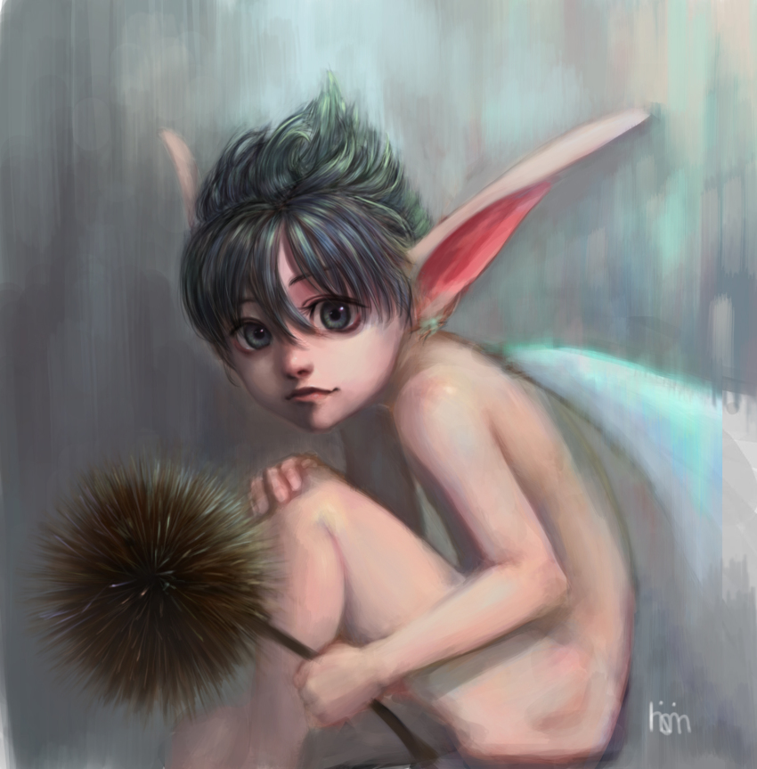 1boy berserk blue_eyes blue_hair commentary commentary_request fairy fairy_wings hair_between_eyes highres holding hwangun long_pointy_ears looking_at_viewer male_focus pointy_ears puck_(berserk) realistic sitting solo spiked_hair wings