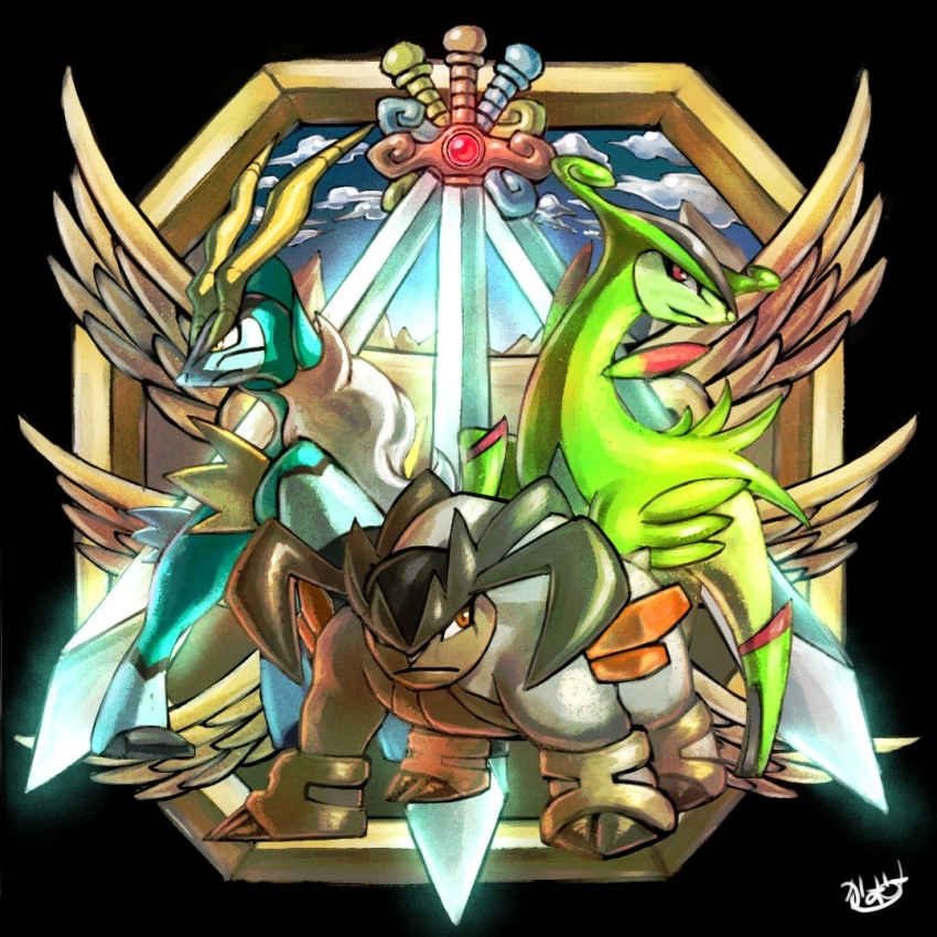 brown_eyes closed_mouth cobalion creature full_body gen_5_pokemon kaosu_(kaosu0905) legendary_pokemon looking_at_viewer looking_to_the_side nintendo no_humans open_mouth orange_eyes pokemon pokemon_(creature) red_eyes signature sky standing sword terrakion virizion weapon yellow_eyes