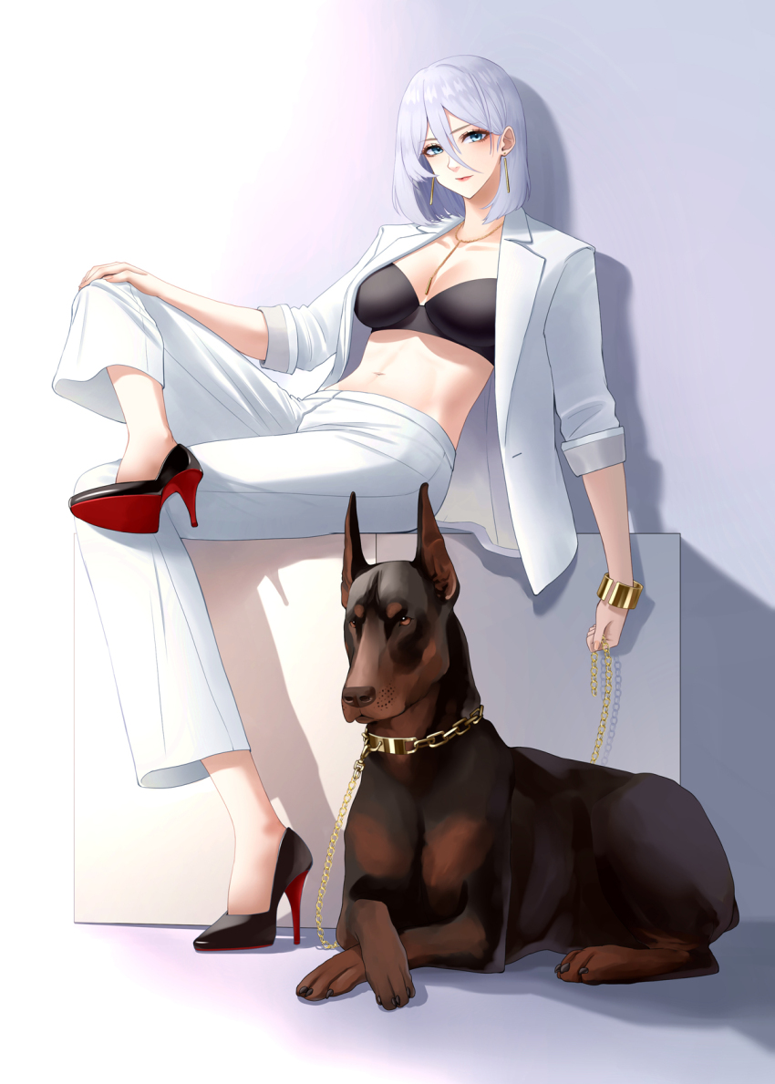 azur_lane bangle black_bra black_footwear blue_eyes bra bracelet breasts chain chain_leash cleavage crossed_legs dog double-parted_bangs earrings formal_clothes high_heels highres holding holding_leash jewelry leash looking_at_viewer medium_breasts midriff navel necomilk open_clothes pants red_lips short_hair simple_background sitting suit tirpitz_(azur_lane) underwear white_background white_hair white_pants white_suit