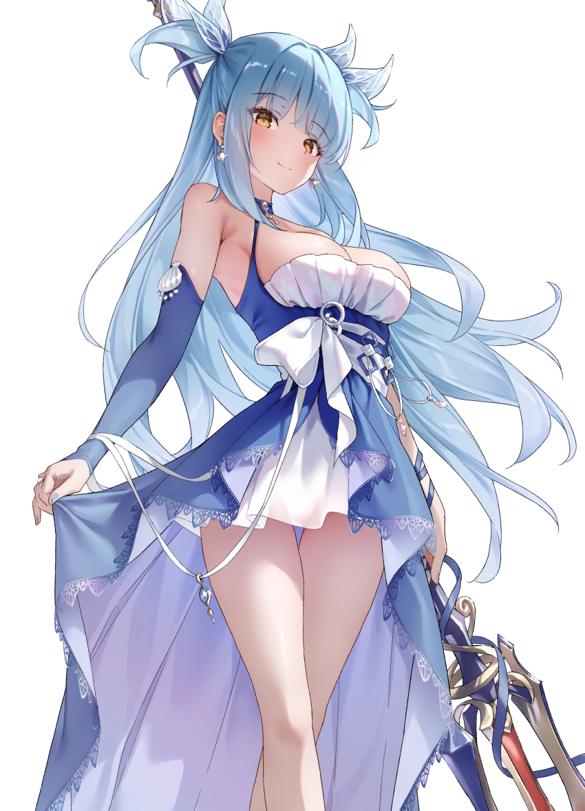 1girl absurdres azur_lane bare_shoulders blue_dress blue_eyes blue_hair blush breasts classic_(zildjian33) cleavage closed_mouth commentary_request crossed_legs dress feet_out_of_frame highres holding holding_polearm holding_weapon long_hair looking_at_viewer medium_breasts neptune_(azur_lane) polearm simple_background skirt_hold smile solo standing thighs trident two-tone_dress two_side_up weapon white_background white_dress yellow_eyes