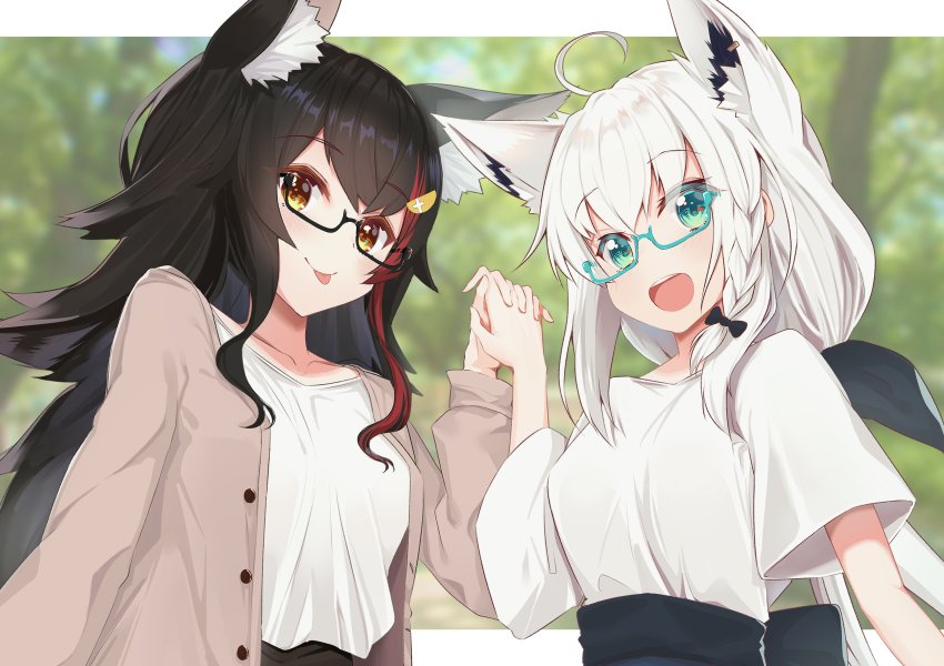 2girls absurdres ahoge animal_ear_fluff animal_ears beige_jacket black_hair blurry blurry_background borumete bow braid breasts commentary_request earrings fox_ears fox_girl glasses green_eyes hair_between_eyes hair_bow hair_ornament hairclip highres holding_hands hololive jacket jewelry long_hair looking_at_viewer multicolored_hair multiple_girls ookami_mio open_clothes open_jacket open_mouth red_hair shirakami_fubuki shirt short_sleeves sidelocks single_braid small_breasts tongue tongue_out two-tone_hair virtual_youtuber white_hair white_shirt wolf_ears wolf_girl yellow_eyes