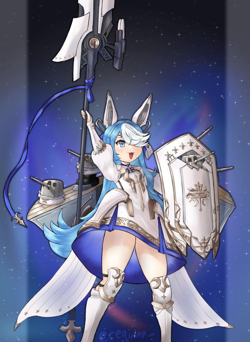 1girl absurdres armored_boots artillery artist_name azur_lane blue_eyes blue_hair boots dress flat_chest hair_over_one_eye highres holding holding_polearm holding_shield holding_weapon iris_libre_(emblem) knee_boots long_hair maille-breze_(azur_lane) multicolored_hair polearm requinn rigging shield ship_turret short_dress solo spear standing streaked_hair two-tone_hair very_long_hair weapon white_boots white_dress white_hair