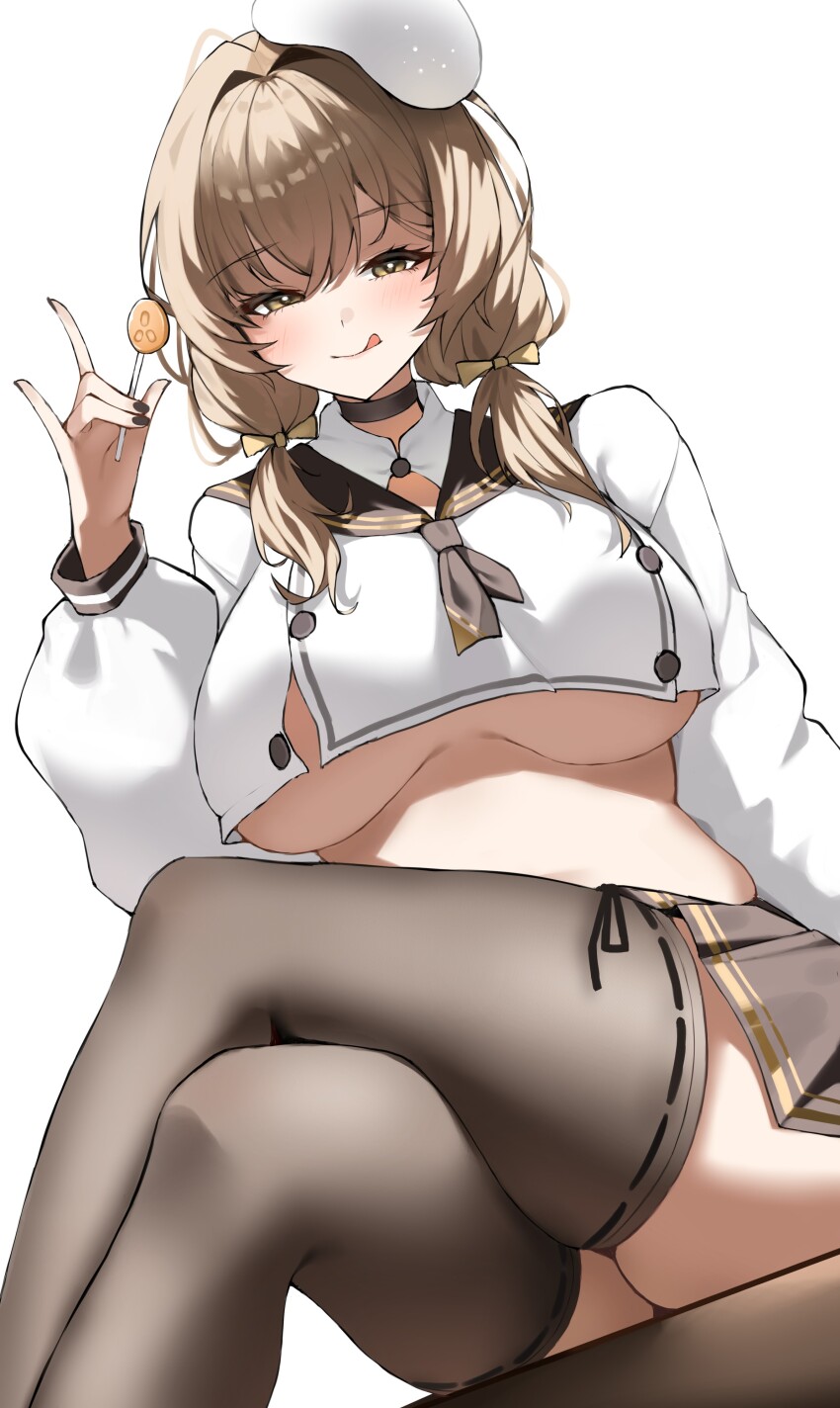 1girl :q absurdres beret blush bready_(nikke) brown_eyes brown_hair brown_thighhighs candy choker crossed_legs food goddess_of_victory:_nikke hat highres holding holding_candy holding_food holding_lollipop lollipop long_hair looking_at_viewer midriff murding pleated_skirt school_uniform serafuku sitting skirt smile solo thighhighs tongue tongue_out twintails underwear