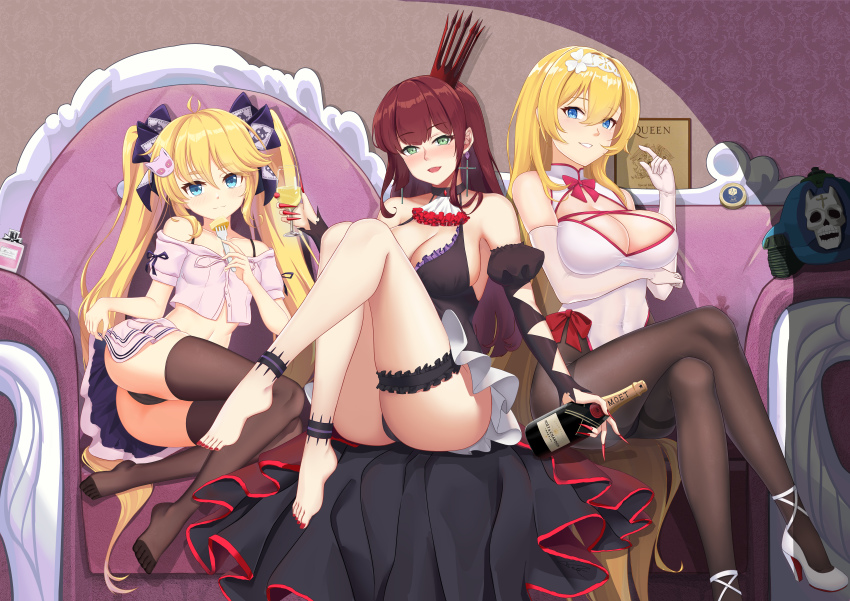 3girls absurdly_long_hair absurdres adapted_costume ahoge alcohol alternate_costume andrea_doria_(warship_girls_r) ankle_strap ascot ass black_dress blonde_hair blue_eyes bottle bow breast_hold breasts brown_legwear caviar champagne champagne_bottle champagne_flute character_hair_ornament china_dress chinese_clothes choker cleavage cleavage_cutout clothes_lift clothing_cutout couch crop_top crossed_arms crown cup detached_sleeves dress drinking_glass duke_of_york_(warship_girls_r) elbow_gloves fingernails fork formidable_(warship_girls_r) frilled_dress frilled_garter frills full_body gloves green_eyes hair_bow hair_ornament high_heels highres holding holding_bottle holding_fork jojo_no_kimyou_na_bouken killer_queen knees_up large_breasts legs long_hair looking_at_viewer multiple_girls nail_polish navel no_shoes off-shoulder_shirt off_shoulder panties pantyhose pantyshot perfume_bottle poster_(object) product_placement queen_(band) red_eyes red_nails sharp_fingernails shirt sidelocks sitting skindentation skirt skirt_lift spaghetti_strap strappy_heels taskforce141-doria thighhighs thighs twintails underwear very_long_hair wallpaper_(object) warship_girls_r white_footwear