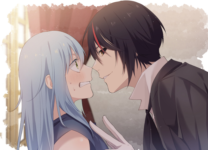 1boy 1other androgynous bent_over black_coat black_hair blue_hair blush clenched_teeth coat commentary_request diablo_(tensura) eye_contact eyelashes from_side gloves hair_between_eyes highres indoors looking_at_another multicolored_hair nose_blush red_curtains red_hair rimuru_tempest shirt sidelocks ss023xx streaked_hair teeth tensei_shitara_slime_datta_ken white_gloves white_shirt wide-eyed window windowsill yellow_eyes