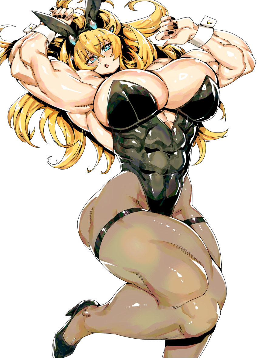 1girl abs animal_ears bare_shoulders barghest_(fate) biceps black_leotard blonde_hair blush breasts cleavage covered_navel fake_animal_ears fate/grand_order fate_(series) green_eyes high_heels highres horns huge_breasts leotard long_hair looking_at_viewer minew muscular muscular_female pantyhose playboy_bunny rabbit_ears solo thick_thighs thighs wrist_cuffs